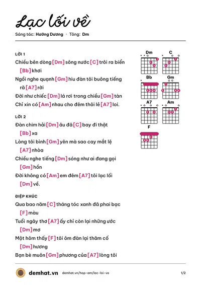 Hợp âm Lạc lối về (Hướng Dương) – bản nhạc PDF trang 1, tông Dm