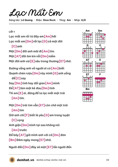 Hợp âm Lạc Mất Em (Đàm Vĩnh Hưng) – bản nhạc PDF trang 1, tông Am