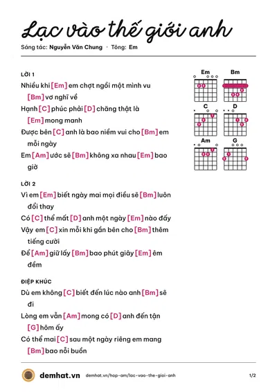 Hợp âm Lạc vào thế giới anh (Nguyễn Văn Chung) – bản nhạc PDF trang 1, tông Em