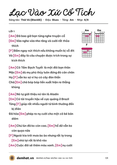 Hợp âm Lạc Vào Xứ Cổ Tích (Thái Vũ (BlackBi)) – bản nhạc PDF trang 1, tông Am