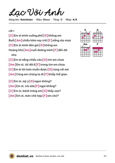 Hợp âm Lạc Với Anh (Balutbabe) – bản nhạc PDF trang 1, tông C