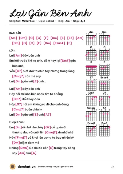 Hợp âm Lại Gần Bên Anh (Bằng Kiều) – bản nhạc PDF trang 1, tông Am