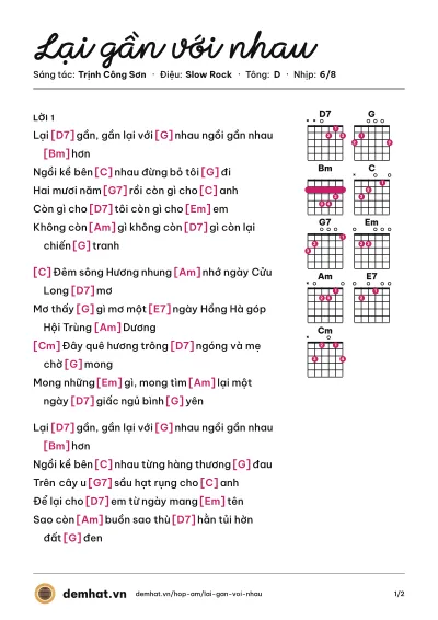Hợp âm Lại gần với nhau (Khánh Ly) – bản nhạc PDF trang 1, tông D