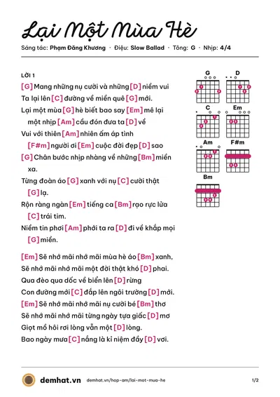 Hợp âm Lại Một Mùa Hè (Mắt Ngọc) – bản nhạc PDF trang 1, tông G