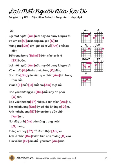 Hợp âm Lại Một Người Nữa Ra Đi (Lý Hải) – bản nhạc PDF trang 1, tông Am