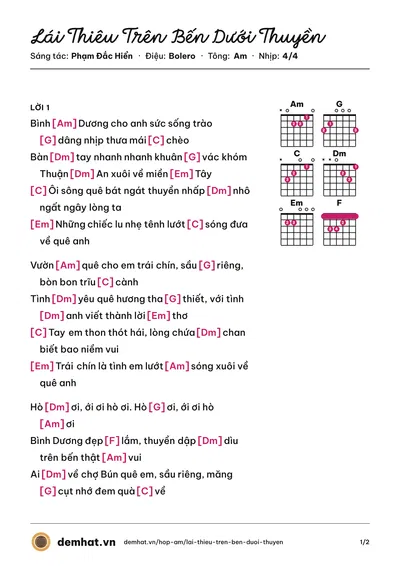 Hợp âm Lái Thiêu Trên Bến Dưới Thuyền (Mắt Ngọc) – bản nhạc PDF trang 1, tông Am
