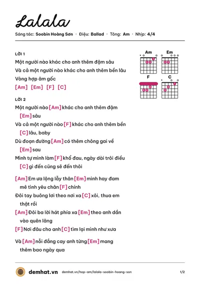 Hợp âm Lalala (Soobin Hoàng Sơn) – bản nhạc PDF trang 1, tông Am