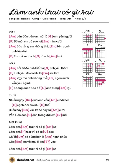 Hợp âm Làm anh trai có gì sai (Hamlet Trương) – bản nhạc PDF trang 1, tông Am