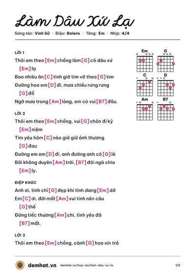 Hợp âm Làm Dâu Xứ Lạ (Cẩm Ly) – bản nhạc PDF trang 1, tông Em