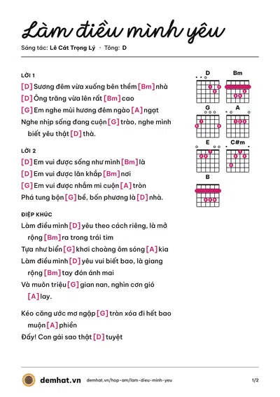 Hợp âm Làm điều mình yêu (Lê Cát Trọng Lý) – bản nhạc PDF trang 1, tông D