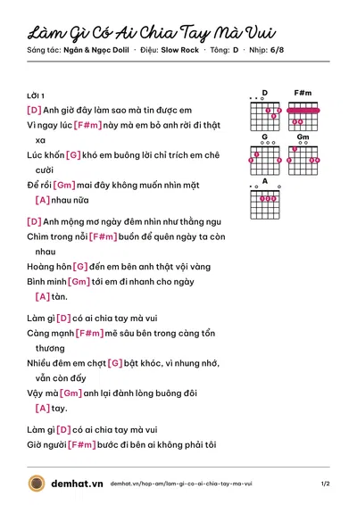 Hợp âm Làm Gì Có Ai Chia Tay Mà Vui (Ngân) – bản nhạc PDF trang 1, tông D
