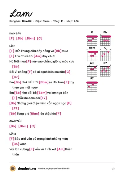 Hợp âm Lam (Hiim Hii) – bản nhạc PDF trang 1, tông F