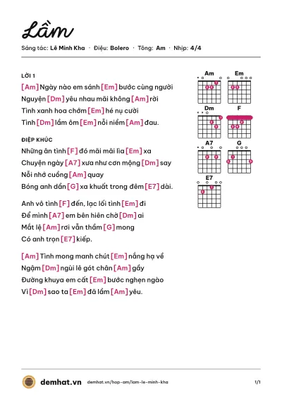 Hợp âm Lầm (Cẩm Ly) – bản nhạc PDF trang 1, tông Am