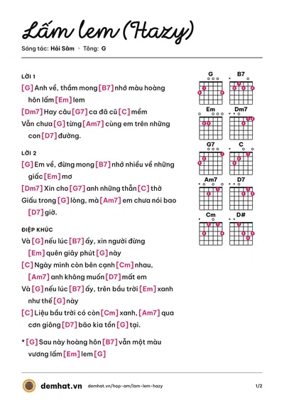 Hợp âm Lấm lem (Hazy) (Hải Sâm) – bản nhạc PDF trang 1, tông G