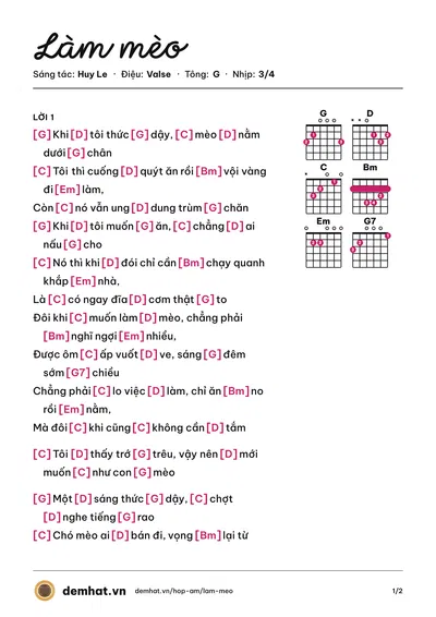 Hợp âm Làm mèo (Huy Le) – bản nhạc PDF trang 1, tông G