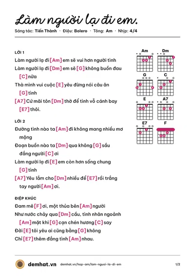 Hợp âm Làm người lạ đi em. (Quang Nhi) – bản nhạc PDF trang 1, tông Am