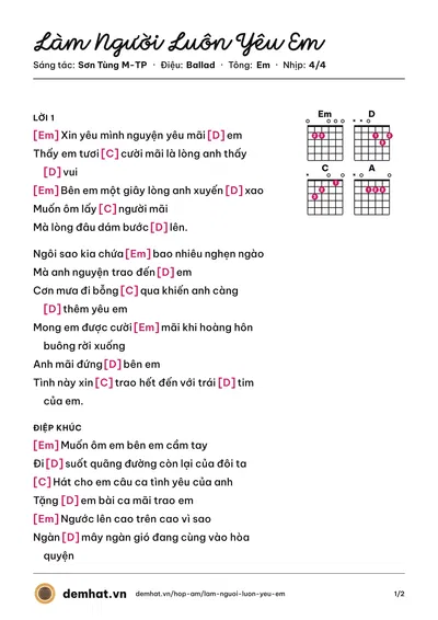 Hợp âm Làm Người Luôn Yêu Em (Sơn Tùng M-TP) – bản nhạc PDF trang 1, tông Em
