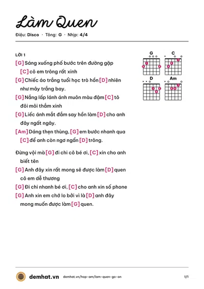Hợp âm Làm Quen (Go.on) – bản nhạc PDF trang 1, tông G