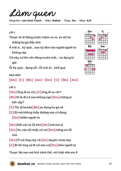 Hợp âm Làm quen (Mai Lệ Huyền) – bản nhạc PDF trang 1, tông Dm