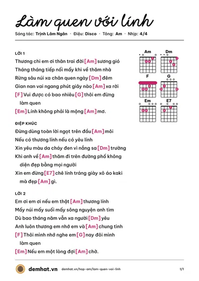 Hợp âm Làm quen với lính (Hằng Phạm) – bản nhạc PDF trang 1, tông Am