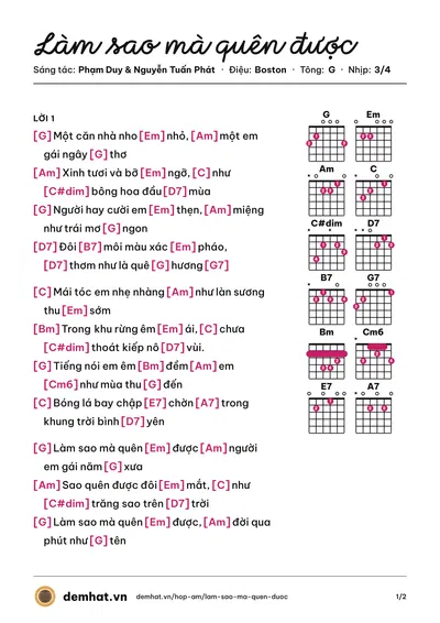 Hợp âm Làm sao mà quên được (Duy Quang) – bản nhạc PDF trang 1, tông G