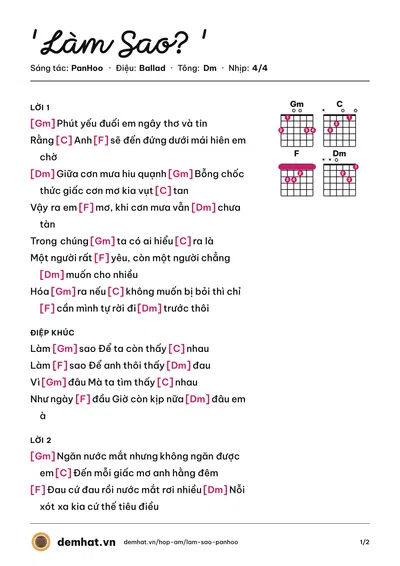 Hợp âm 'Làm Sao? ' (PanHoo) – bản nhạc PDF trang 1, tông Dm