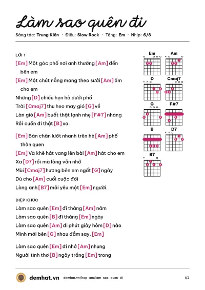 Hợp âm Làm sao quên đi (Quang Dũng) – bản nhạc PDF trang 1, tông Em