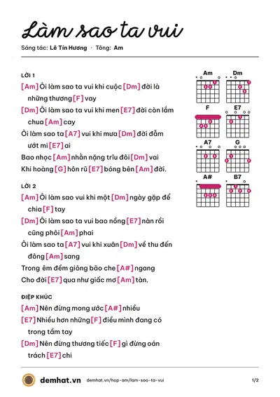 Hợp âm Làm sao ta vui (Thanh Hà) – bản nhạc PDF trang 1, tông Am