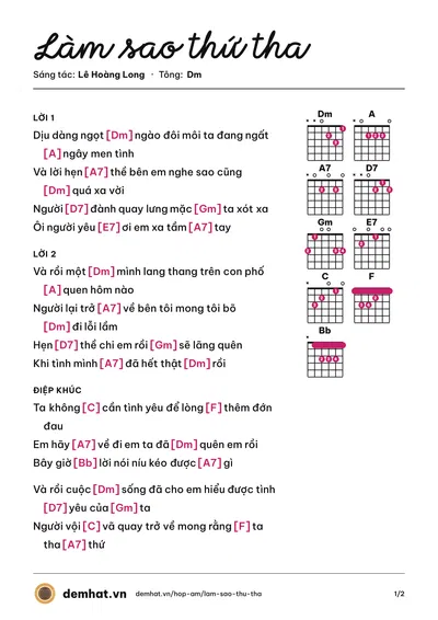 Hợp âm Làm sao thứ tha (Lê Hoàng Long) – bản nhạc PDF trang 1, tông Dm