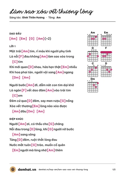 Hợp âm Làm sao xóa vết thương lòng (Đinh Thiên Hương) – bản nhạc PDF trang 1, tông Am