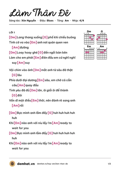 Hợp âm Làm Thân Đê (Junki Trần Hòa) – bản nhạc PDF trang 1, tông Am