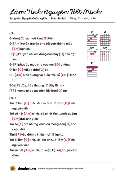 Hợp âm Làm Tình Nguyện Hết Mình (Ba Con Sói) – bản nhạc PDF trang 1, tông C