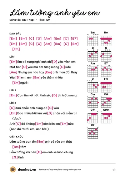 Hợp âm Lầm tưởng anh yêu em (Nhi Thoại) – bản nhạc PDF trang 1, tông Em
