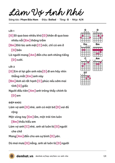 Hợp âm Làm Vợ Anh Nhé (Chi Dân) – bản nhạc PDF trang 1, tông G