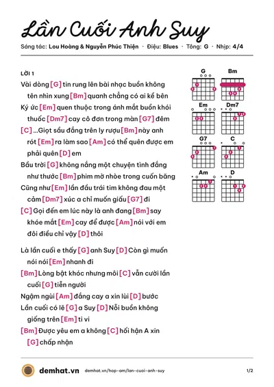Hợp âm Lần Cuối Anh Suy (Quang Hùng MasterD) – bản nhạc PDF trang 1, tông G