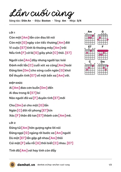 Hợp âm Lần cuối cùng (Lệ Thu) – bản nhạc PDF trang 1, tông Am