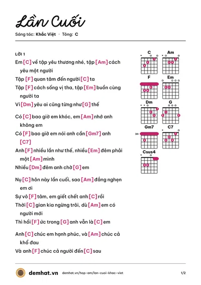 Hợp âm Lần Cuối (Hoa Vinh) – bản nhạc PDF trang 1, tông C