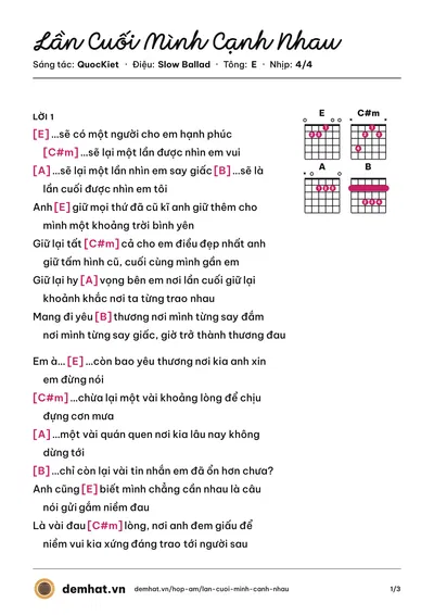 Hợp âm Lần Cuối Mình Cạnh Nhau (QuocKiet) – bản nhạc PDF trang 1, tông E