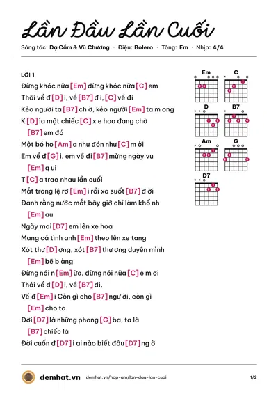 Hợp âm Lần Đầu Lần Cuối (Tuấn Vũ) – bản nhạc PDF trang 1, tông Em