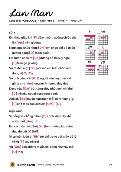 Hợp âm Lan Man (RONBOOGZ) – bản nhạc PDF trang 1, tông F