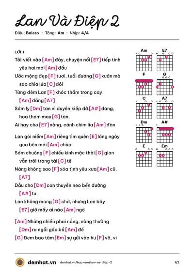 Hợp âm Lan Và Điệp 2 (Hương Lan) – bản nhạc PDF trang 1, tông Am