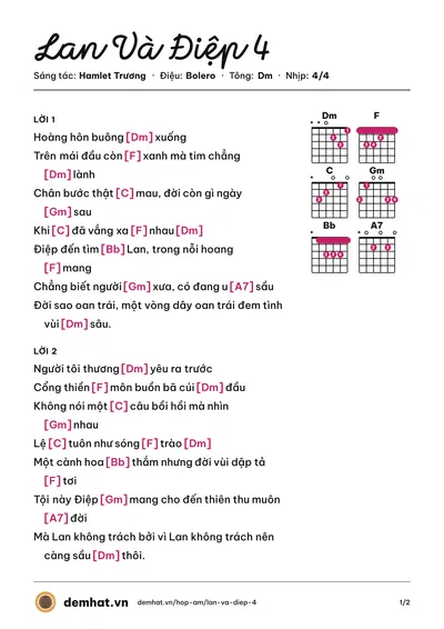 Hợp âm Lan Và Điệp 4 (Hamlet Trương) – bản nhạc PDF trang 1, tông Dm