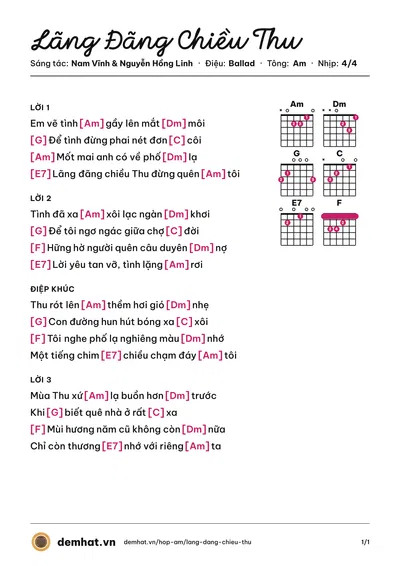 Hợp âm Lãng Đãng Chiều Thu (Nam Vĩnh) – bản nhạc PDF trang 1, tông Am