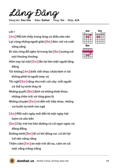 Hợp âm Lãng Đãng (Đen Vâu) – bản nhạc PDF trang 1, tông Em