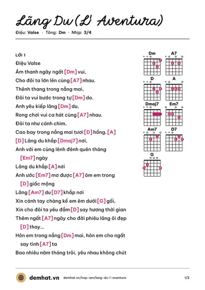 Hợp âm Lãng Du (L' Aventura) (Tuấn Vũ) – bản nhạc PDF trang 1, tông Dm