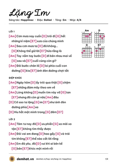 Hợp âm Lặng Im (Trần Vy) – bản nhạc PDF trang 1, tông Em