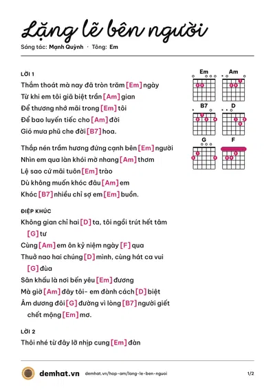 Hợp âm Lặng lẽ bên người (Mạnh Quỳnh) – bản nhạc PDF trang 1, tông Em