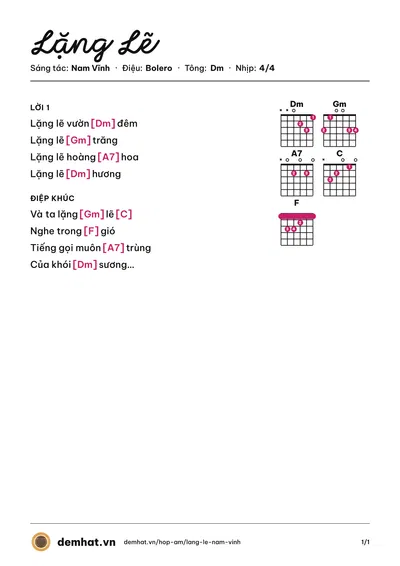 Hợp âm Lặng Lẽ (Nam Vĩnh) – bản nhạc PDF trang 1, tông Dm