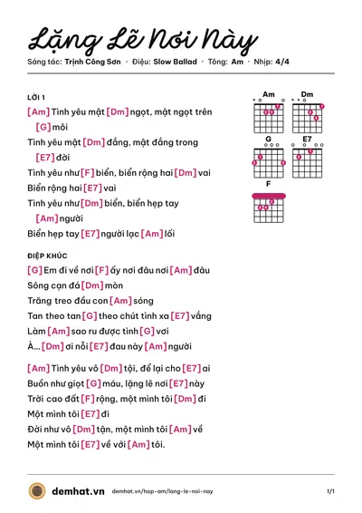 Hợp âm Lặng Lẽ Nơi Này (Khánh Ly) – bản nhạc PDF trang 1, tông Am
