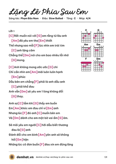 Hợp âm Lặng Lẽ Phía Sau Em (The Twins) – bản nhạc PDF trang 1, tông C